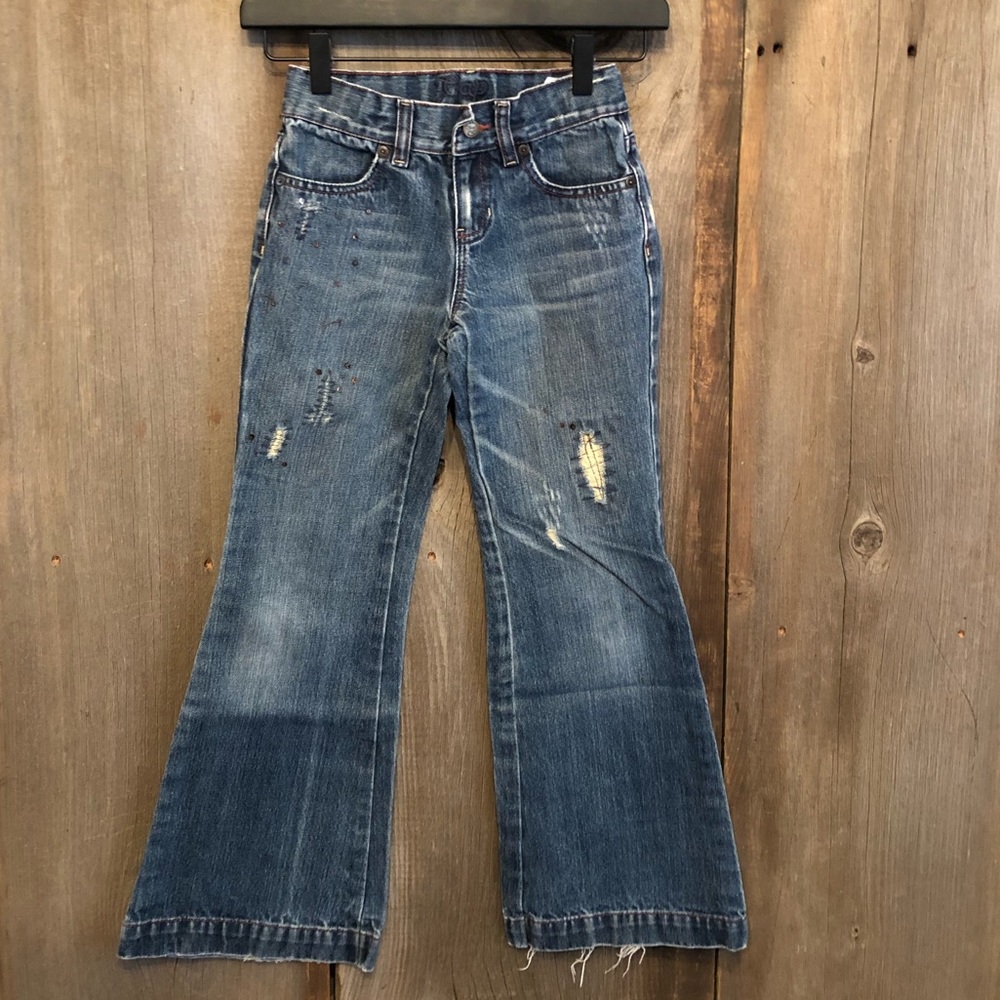 20Gap Blue Denim Deconstructed Long & Lean Flare Leg Jeans Sequins Size 8 Reg